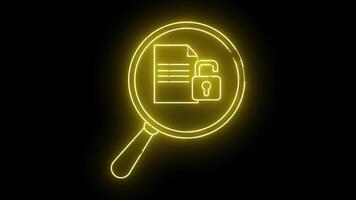 A neon yellow outline of an open lock and file are visible through a magnifying glass against a black backdrop video