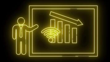 neon presentazione con in calo bar grafico Wi-Fi simbolo e presentatore nel giallo schema su nero sfondo video