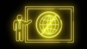 neon gul pinne figur pekande till en skärm visning en klot med en linje genom den på en svart bakgrund video