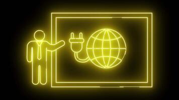 neón amarillo contorno de presentador un globo conectado a un enchufe todas dentro un cuadrado en contra un negro antecedentes video