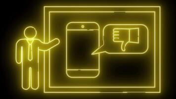 gul neonstil grafisk av en figur gestikulerar till en telefon ikon med en tummen ner Tal bubbla uppsättning inom en dubbelfodrad fyrkant video