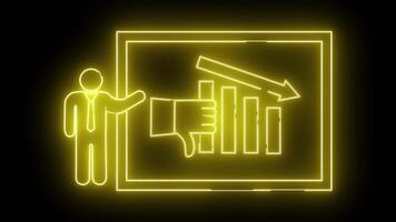 Neon outline of a presentation with a graph showing a decline and a thumbs down icon video