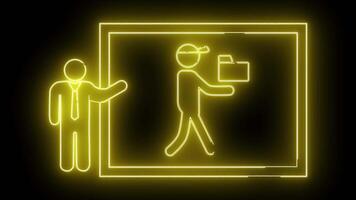 två gul neon människor siffror ett presenter med en slips ett bärande en mapp med en keps och en omgivande ram på en svart bakgrund video