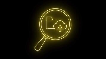 Luminous yellow magnifying glass icon displaying cloud upload over file folder video