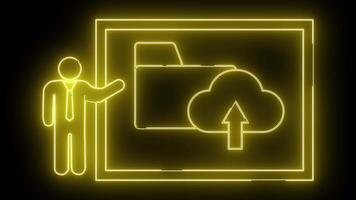 Illuminated neonstyle graphic with a person gesturing toward a folder and cloud with an upload arrow all outlined in bright yellow video