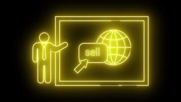 en neonyellow översikt visar en figur Nästa till en ram med en klot och de ord sälja med ett pil video