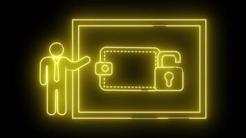 gul neon visar plånbok öppen låsa i fyrkant gräns och figur gestikulerar bredvid den på en svart bakgrund video