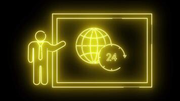 Glowing neonyellow outlines a man a globe and a 24hour clock within a square frame against a black backdrop video