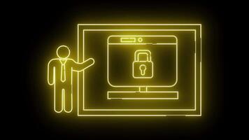 brilhando amarelo néon esboços do uma homem apresentando uma seguro computador sistema com uma cadeado símbolo em a tela video