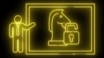 Illuminated outline of a figure presenting a chess knight with an open padlock all within a framed neon sign video