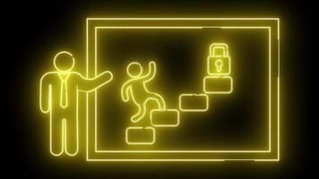 geel neon Scherm presentator points naar een figuur beklimming trap naar een hangslot binnen een ingelijst Scherm video