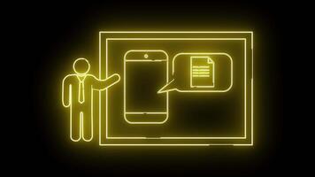 en gul neon översikt av en presentatör pekande till en telefon ikon med en dokumentera inom en Tal bubbla uppsättning mot en svart bakgrund video