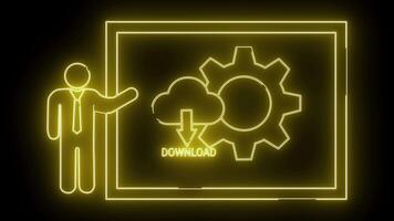 lysande neonyellow design person pekande till en moln ladda ner pil och redskap inom en rektangulär gräns på en svart bakgrund video