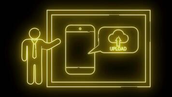 gul neon konturer en person gestikulerar till en telefon ladda upp moln symbol inom en ram svart bakgrund video