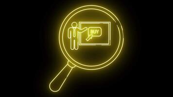 neon översikt visar en man presenter en skärm med en köpa knapp inuti en förstorande glas video