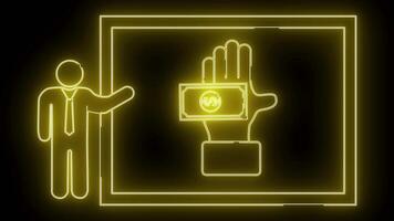 néon ilustração mostrando uma bastão figura apresentando uma mão segurando dinheiro dentro uma retangular quadro, Armação contra uma Preto pano de fundo video