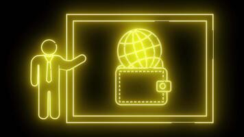 amarelo estilo neon gráfico do uma apresentador Próximo para uma carteira coberto com uma globo dentro uma retangular quadro, Armação video
