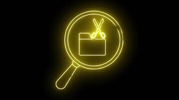 neon gul översikt av en förstorande glas över en mapp och sax centrerad på en svart bakgrund video