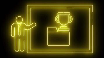 A glowing yellow neon outline shows a man presenting a trophy on a file folder inside a square border against a dark background video