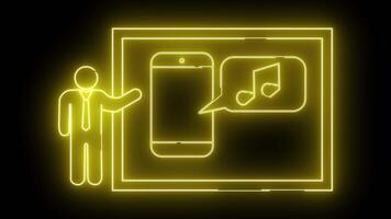 uma brilhando néon ilustração apresentando uma pessoa uma telefone e uma musical Nota dentro uma retangular quadro, Armação contra uma Preto fundo video