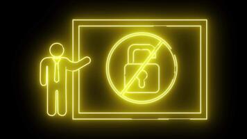 Neon yellow graphic man gesturing to an open lock with a strikethrough on a square background against black video