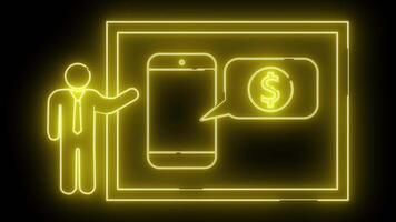 neon gul översikt av en presentatör telefon med dollar symbol Tal bubbla inuti en rektangel ram på en svart bakgrund video