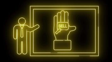 en neon bild av en presentation handla om försäljning en presentatör är stående Nästa till en grafisk av en hand med de ord sälja inuti video