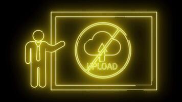 en gul neon tecken som visar en person pekande till en skärm med en Nej ladda upp symbol på en svart bakgrund video