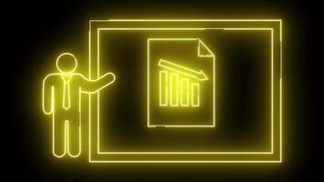 lysande gul neon översikt av presentatör pekande till Diagram som visar nedåt trender bar Graf svart bakgrund video