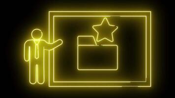 neon gul översikt av en person pekande till en rektangel med en mapp och stjärna på en svart bakgrund video