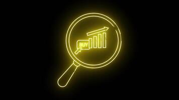 en neon gul teckning av en förstorande glas fokuserade på en Diagram den där trender uppåt och en köpa knapp med en pekare video