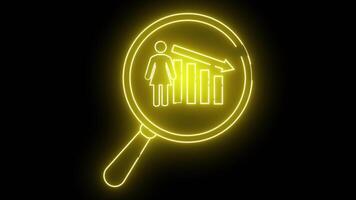 iluminado ícone apresentando uma ampliação vidro mulher descendente Barra gráfico em Preto pano de fundo video