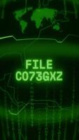 Old green Vertical Retro CRT screen showing text FILE CORRUPT appearing in random glitch and Haking style video