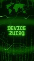 Old green Vertical Retro CRT screen showing text DEVICE CHECK appearing in random glitch and Haking style video