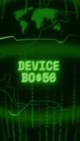 Old green Vertical Retro CRT screen showing text DEVICE ERROR appearing in random glitch and Haking style video