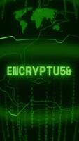 Old green Vertical Retro CRT screen showing text ENCRYPTING appearing in random glitch and Haking style video