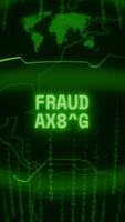 Old green Vertical Retro CRT screen showing text FRAUD ALERT appearing in random glitch and Haking style video