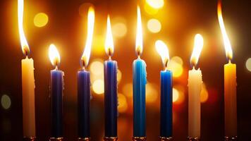 ein einstellen von beschwingt Chanukka Kerzen im Schatten von Blau, Weiss, und Gold, bereit zu Sein platziert in ein Menora mit ein warm, verschwommen festlich Hintergrund. Chanukka video