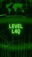 Old green Vertical Retro CRT screen showing text LEVEL LOW appearing in random glitch and Haking style video