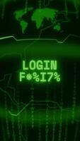 gammal grön vertikal retro crt skärm som visar text logga in misslyckades visas i slumpmässig tekniskt fel och kummel stil video