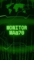 Old green Vertical Retro CRT screen showing text MONITOR ALERT appearing in random glitch and Haking style video