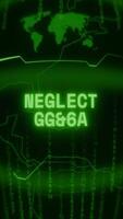 Old green Vertical Retro CRT screen showing text NEGLECT ALERT appearing in random glitch and Haking style video
