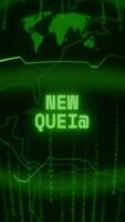 Old green Vertical Retro CRT screen showing text NEW QUEST appearing in random glitch and Haking style video