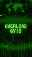 Old green Vertical Retro CRT screen showing text OVERLOAD 66KV appearing in random glitch and Haking style video