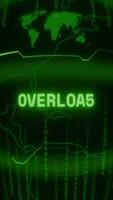 Old green Vertical Retro CRT screen showing text OVERLOAD appearing in random glitch and Haking style video