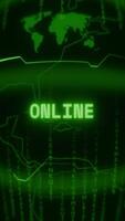 Old green Vertical Retro CRT screen showing text ONLINE appearing in random glitch and Haking style video