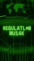Old green Vertical Retro CRT screen showing text REGULATION ALERT appearing in random glitch and Haking style video
