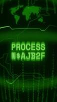 Old green Vertical Retro CRT screen showing text PROCESS STARTED appearing in random glitch and Haking style video