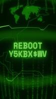 Old green Vertical Retro CRT screen showing text REBOOT REQUIRED appearing in random glitch and Haking style video