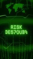 Old green Vertical Retro CRT screen showing text RISK DETECTED appearing in random glitch and Haking style video